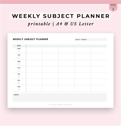 Weekly Subject Planner For Students Printable School Etsy