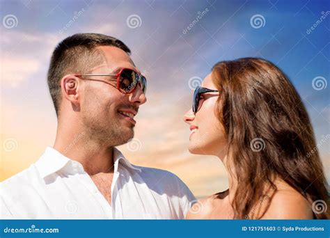 Happy Couple In Sunglasses Over Sky Background Stock Image Image Of Couple Outdoors 121751603