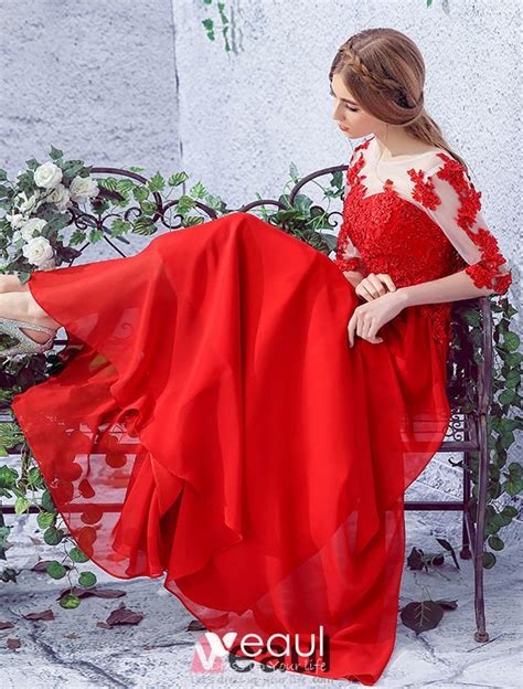 2016 Elegant Scoop Neck Applique Lace 12 Sleeves Red Chiffon Long