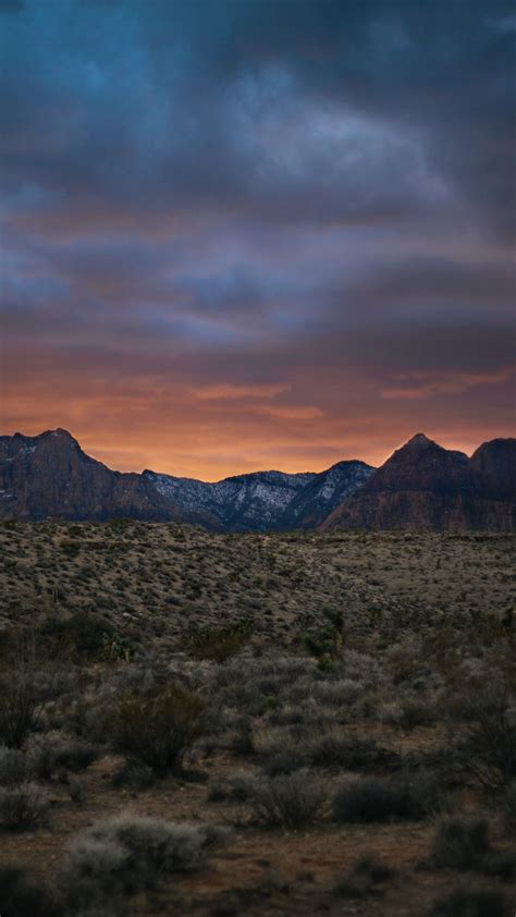 Sunset Sky Dusk Desert Mountains Bushes
