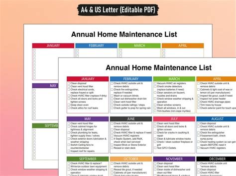 Printable Editable PDF Annual Home Maintenance Checklist A4 US Letter