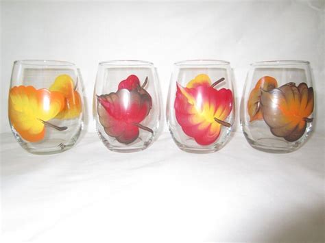 Items Similar To Hand Painted Fall Leaves Stemless Wine Glasses On Etsy