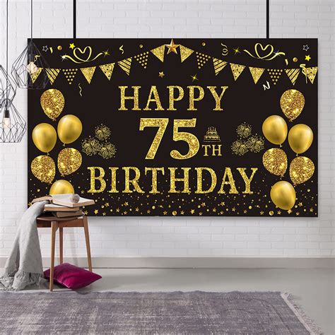 Trgowaul 75th Birthday Backdrop Gold And Black 59 X 36 Fts Happy