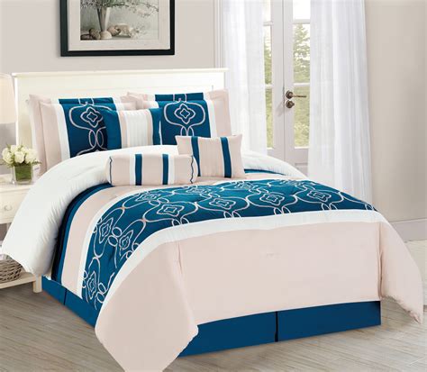 WPM Pieces Complete Bedding Ensemble Turquoise Blue White Beige Print Luxury Embroidery