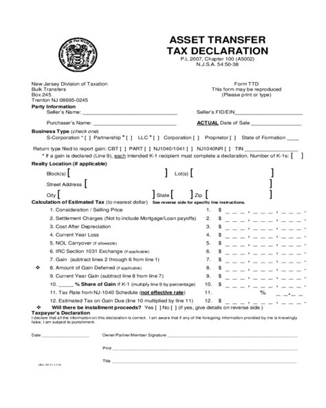 Asset Transfer Tax Declaration Fillable Form Printable Forms Free Online