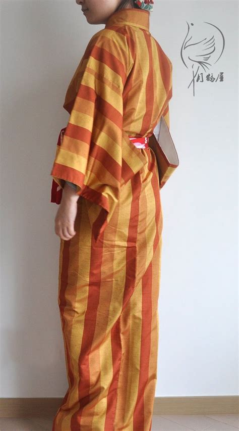 Japanese Tsumugi Silk Long Kimono Robe Vintage Authentic Tripe Maxi