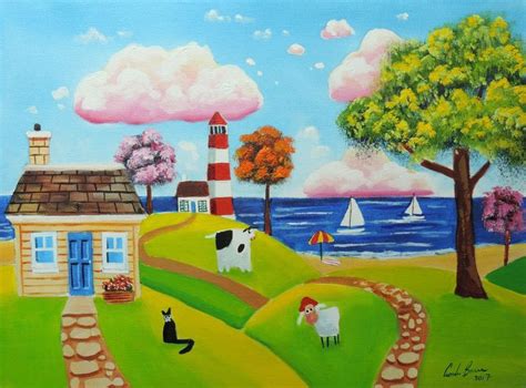 Seaside House Cat Cow And Sheep 2017 Oil Painting By Gordon Bruce