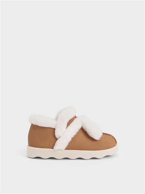 Charles And Keith Girls Fur Trim Boots In Camel Modesens