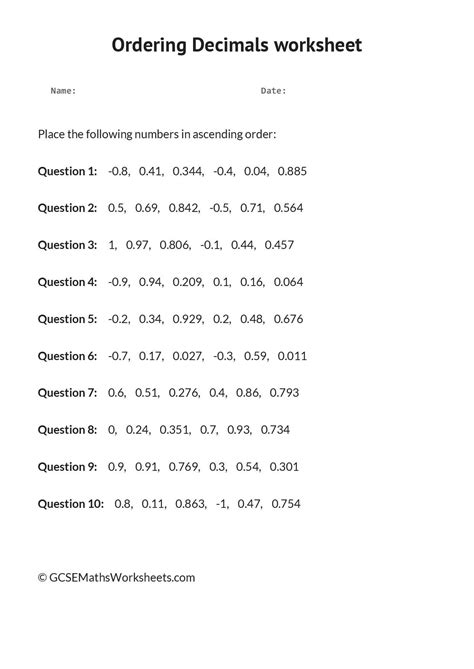 Ordering Decimals Worksheet Examples And Forms