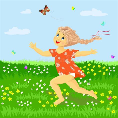 The Girl Runs On The Meadow Catching Butterflies Stock Vector