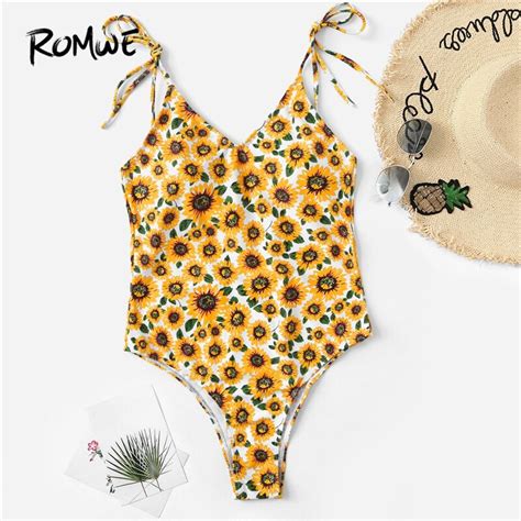 Romwe Sport Self Tie Shoulder Sunflower One Piece Swimsuit Floral Backless Knot Wire Free Sexy