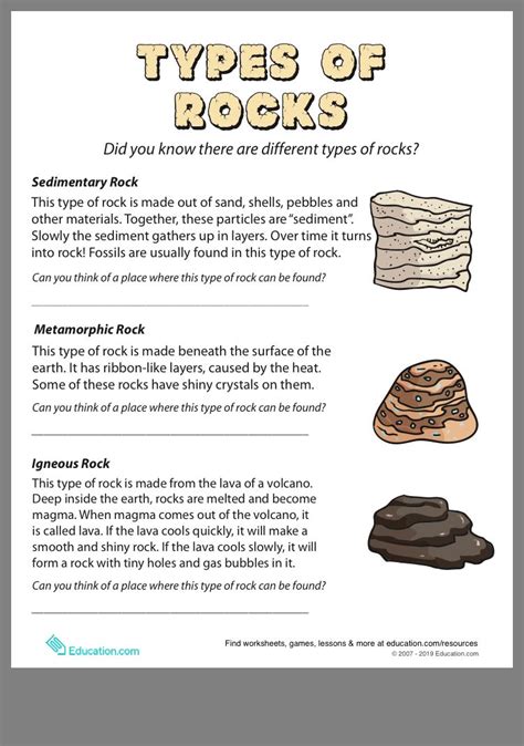 Types Of Rocks Worksheet