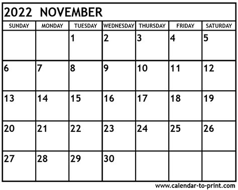 November 2022 Calendar Printable