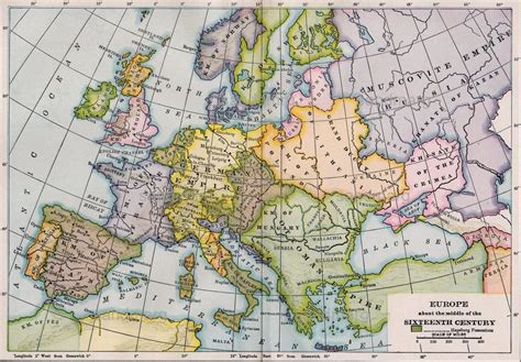 1901 Antique Map Of Europe In The Sixteenth Century