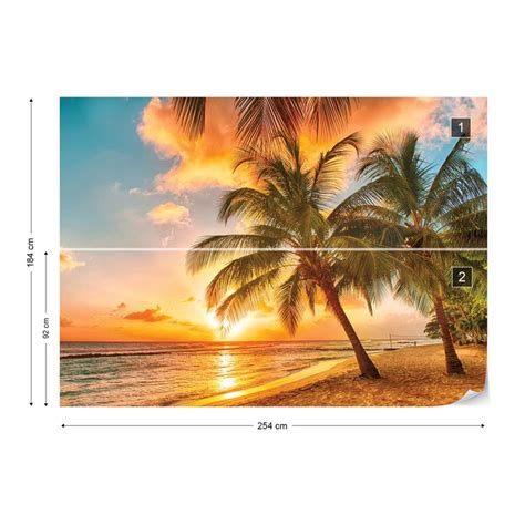 Tropical Beach Sunset Palm Trees Wall Paper Mural Buy At