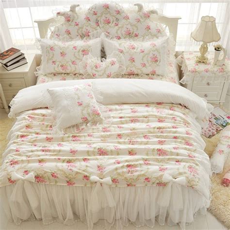 White Floral Duvet Cover Set Cotton Bedding Set Lace Bow Duvet Cover