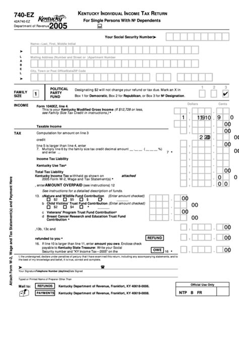 Fillable Form 740 Ez Kentucky Individual Income Tax Return 2005