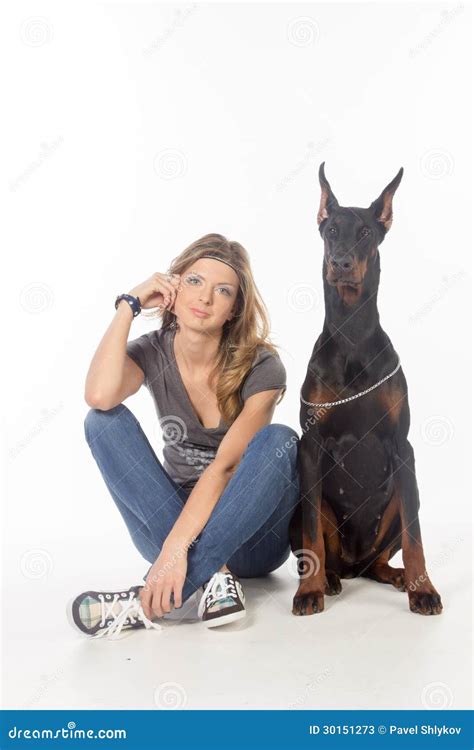 Young Woman With Black Dobermann Dog Stock Image Image Of Sitting