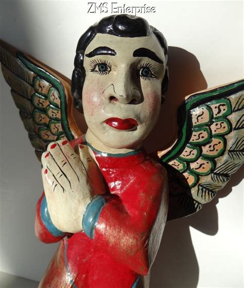 Vintage Mexican Carved Wood Statue Praying Angel Wood Statues