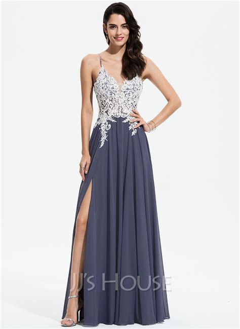 A Line V Neck Floor Length Chiffon Evening Dress With Lace Beading