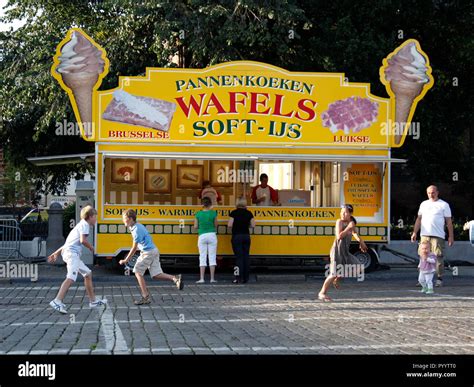 A Typical Belgian Waffle Shop On A Marketplace Stock Photo Alamy