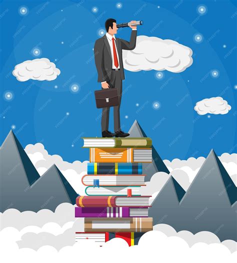 Premium Vector Businessman With Briefcase On Stack Of Books Looking For Opportunities In