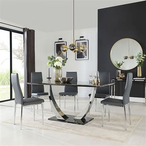 Peake Black Marble And Chrome Dining Table With 4 Leon Grey Chairs