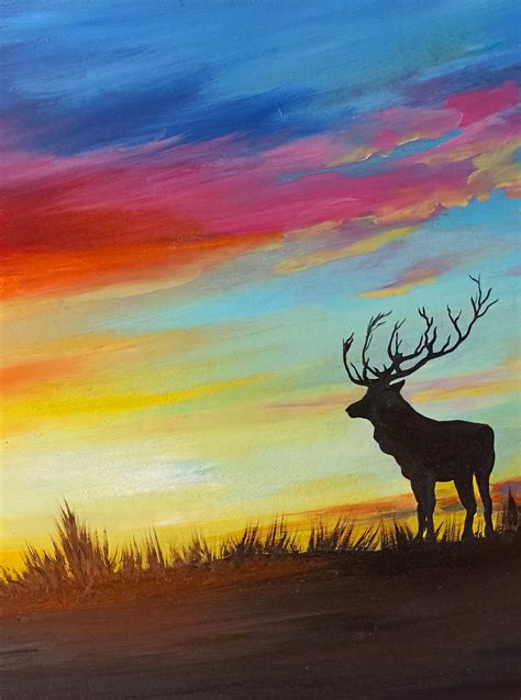 Deer Painting Sunset Wall Art Landscape Oil Painting Original Etsy