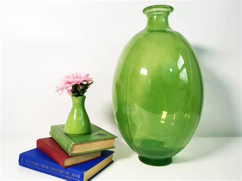 Vintage Art Glass Vase Green Large Bulbous Oval Floor Vase Tall Hand Blown Glass Vase Urn