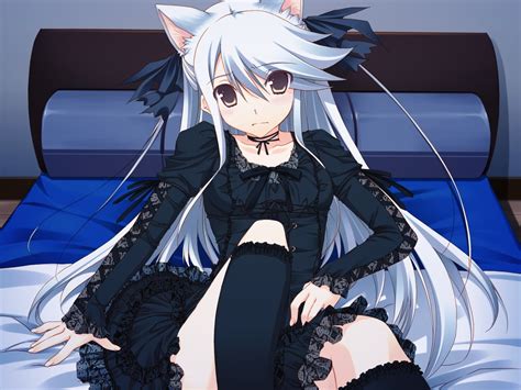 Female Anime Character With Long White Hair And Black Dress HD