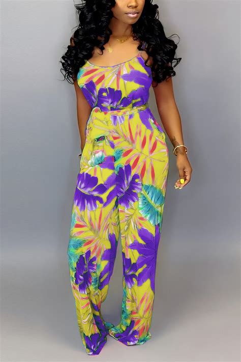sexy fashion printed yellow sling jumpsuit