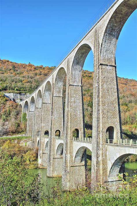 French Stone Viaduct Bridge In Rhone Alpes Region In Autumn Season