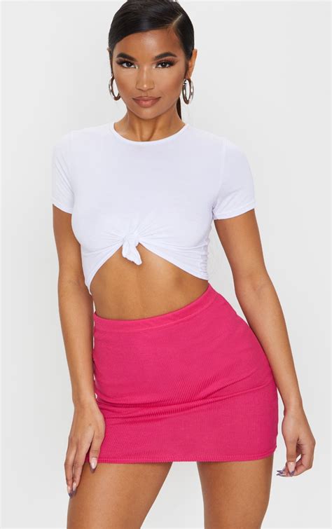 Hot Pink Ribbed Mini Skirt Prettylittlething Qa