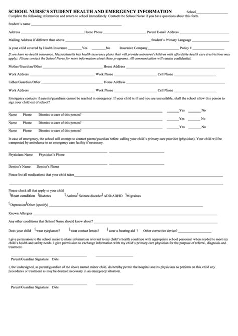 Printable School Nurse Forms Printable Forms Free Online