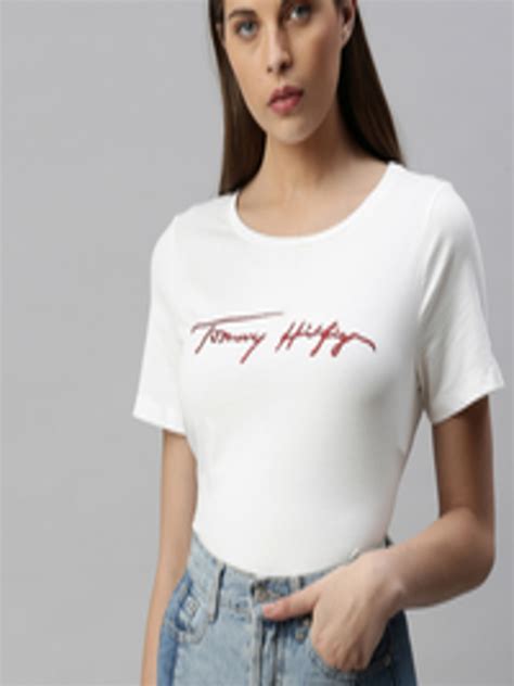 Buy Tommy Hilfiger Women White Brand Logo Printed Round Neck Pure