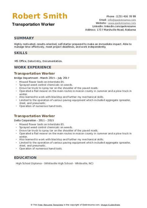 Transportation Worker Resume Samples Qwikresume