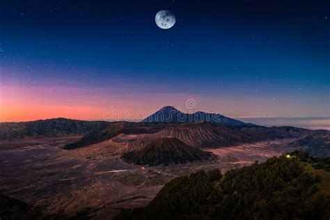 Mount Bromo Volcano Gunung Bromo At Sunrise With Moon In Bromo Tengger