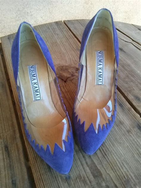 Vintage 1980s Norma Kamali Shoes Purple Suede Clear Plastic