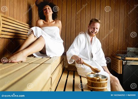 Couple Relaxing Resting And Sweating In Sauna Stock Photo Image Of Joyful Care