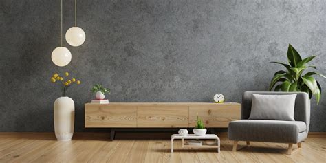 Modern Living Room Decor With A Tv Cabinet And Concrete Wall Background
