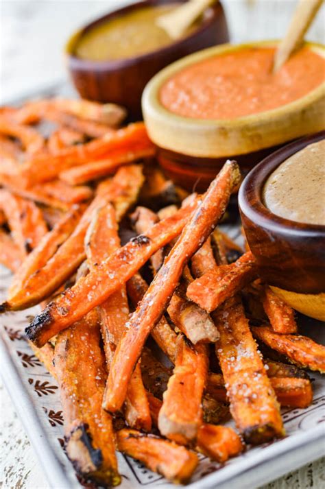 So much delicious flavor packed in one potato. Crispy Baked Sweet Potato Fries with Dipping Sauces | Linger