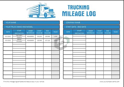 Printable Free Trucking Mileage Log Excel Template