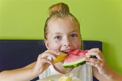 Cute Girl Eating Watermelon And Melon Stock Image Image Of Childhood