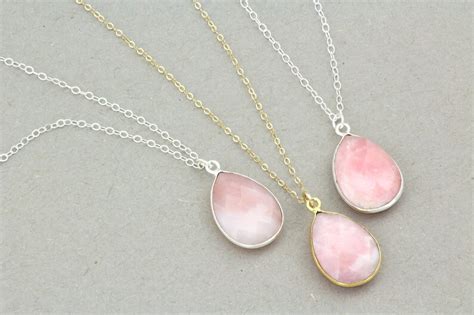 Pink Stone Necklace Delicate Peruvian Opal Necklace Sterling Etsy