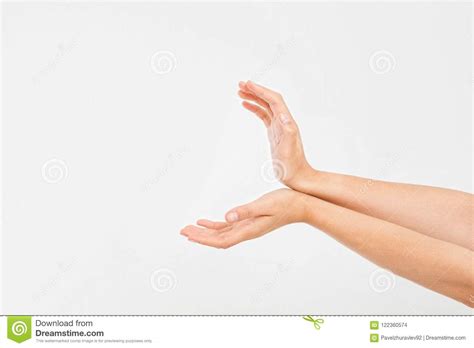 Female Hands Measuring Invisible Items Woman`s Palm Making Gest Stock