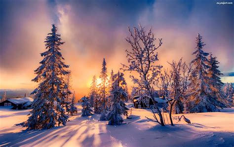 Zima Wschód Słońca Domy Wieś