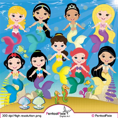 Cute Little Mermaids Clipart Mermaid Princesses Little Etsy