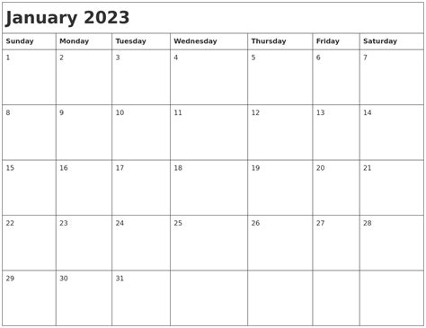 January 2023 Month Calendar