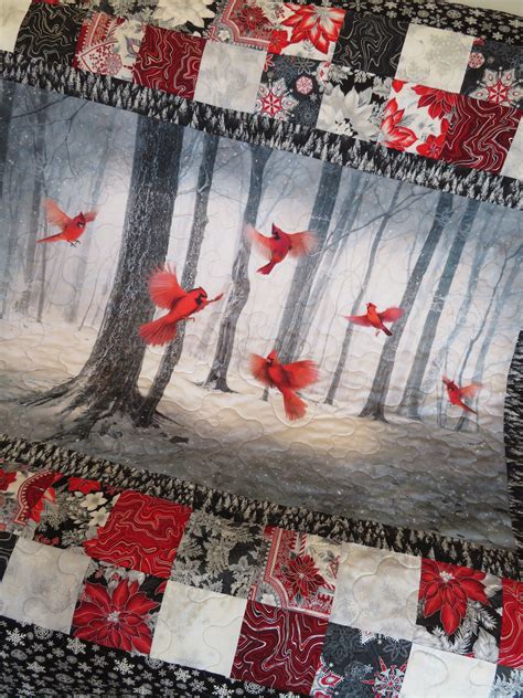 Cardinal Quilt Winter Red Bird Woodland Blanket Adult Lap Quilt
