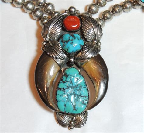 Signed Navajo Bear Claw Turquoise Coral Squash Blossom Necklace Sold On Ruby Lane